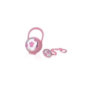 set pinza e porta ciuccio bimba rosa con placca in argento